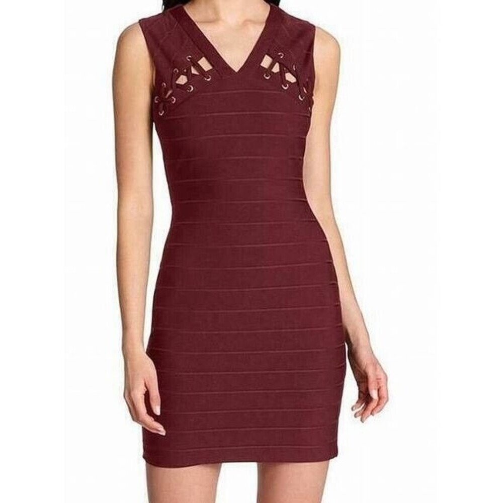 Guess Bandage Bodycon Dress Womens 2 Burgundy Sleeveless Moto Edgy Sexy